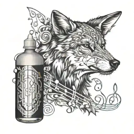 A pharmaceutical bottle morphing into a wolf with musical notes around it tattoo design idea