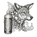 A pharmaceutical bottle morphing into a wolf with musical notes around it tattoo design idea