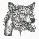 A pharmaceutical bottle morphing into a wolf with musical notes around it tattoo design idea