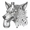 A pharmaceutical bottle morphing into a wolf with musical notes around it tattoo design idea