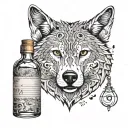 A pharmaceutical bottle morphing into a wolf with musical notes around it tattoo design idea