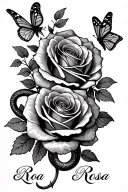 a tattoo  for an arm of two roses with two butterflies and a snake with the name Rosa in cursive fine  tattoo design idea