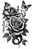 a tattoo  for an arm of two roses with two butterflies and a snake with the name Rosa in cursive fine  tattoo design idea