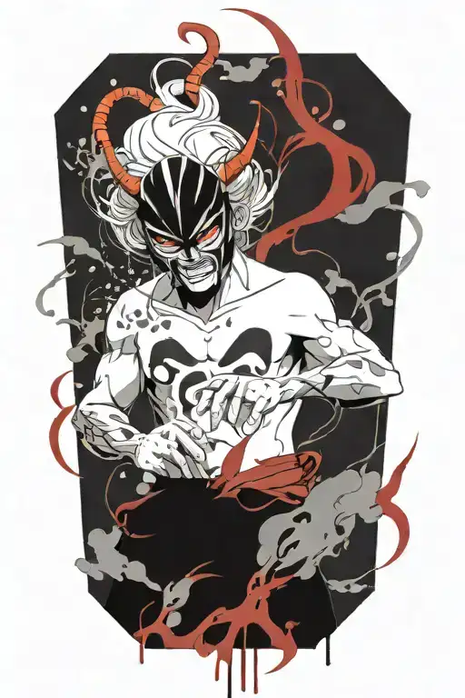 anime character full body wearing a oni mask fighting off inner demons with minimal black areas and no background filler tattoo design idea