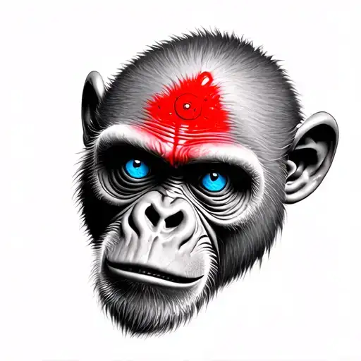 Scary Realism Monkey Face Blue eyes red mark on forehead  tattoo design idea