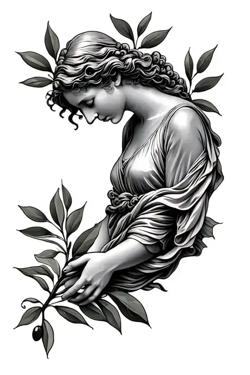 a statue of a women and olive leaf going around her and the stem of the olive leaves goinn up the arm tattoo design idea