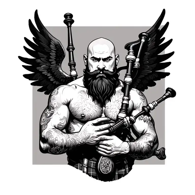 scottish bagpiper bald black beard  muscular wearing pipes in arm big black wings shirtless tattoo calm face tattoo design idea