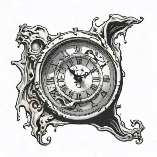 A black and white tattoo depicting a melted clock, in perfect Salvador Dali-inspired surrealist style. The dial seems  tattoo design idea