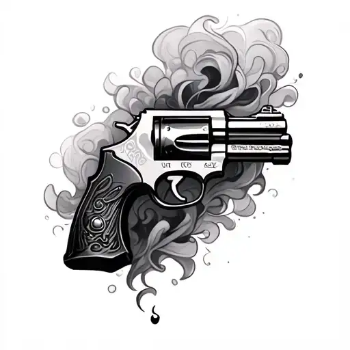 revolver gun with bullet and smoke swirling tattoo design idea