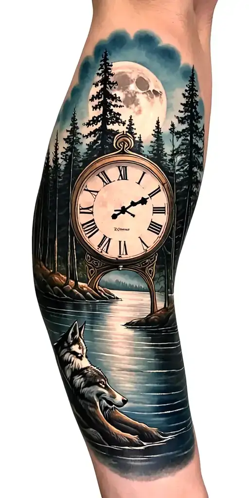 clock trees wolf river moon tattoo design idea