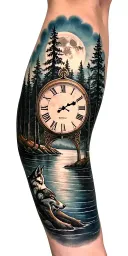 clock trees wolf river moon tattoo design idea