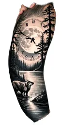 clock trees wolf river moon tattoo design idea