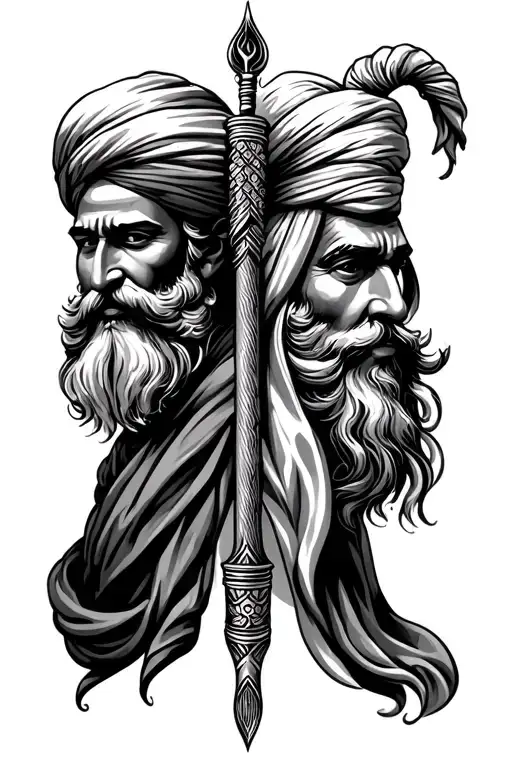 Baba Dep Singh Ji and Baba Banda Singh Bahadaur with Khanda in Middle and with Guru Nanak Dev Jis 3 Teachings in Punjabi tattoo design idea
