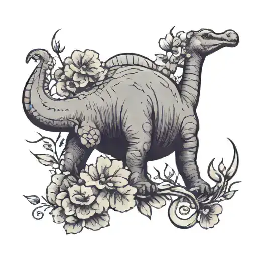 brontosaurus and violet flower intertwined tattoo design idea