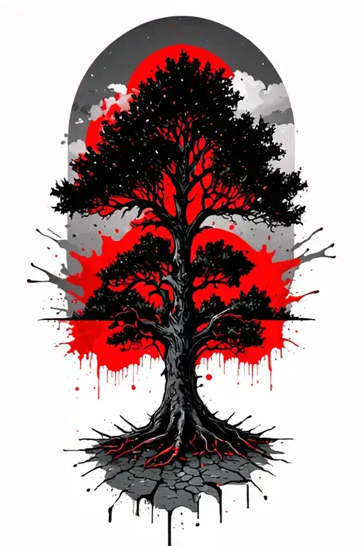 acacia tree with gray sky background. tree roots below that turn into cracks in concrete pavement as they extend down tattoo design idea