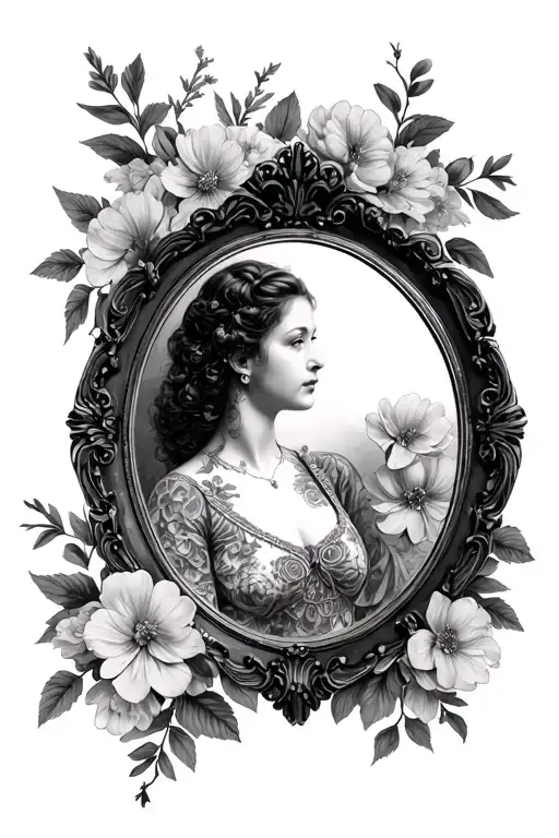 Victorian oval mirror. The mirror is on top of lots of blooming flowers. middle of mirror is a zoom view thoracic cavity tattoo design idea