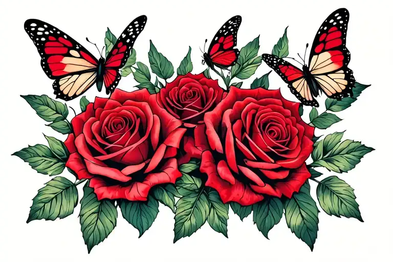  three red roses branch butterflies horizontal tattoo design idea