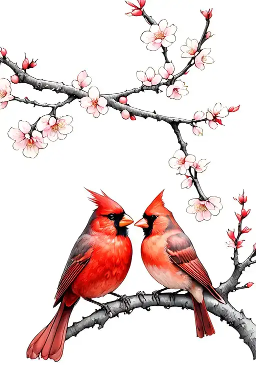 A male cardinal and a female cardinal looking at each other sitting on one cherry blossom branch tattoo design idea