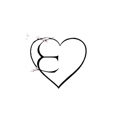 "E" open heart with letter E and cherry blossoms tattoo design idea