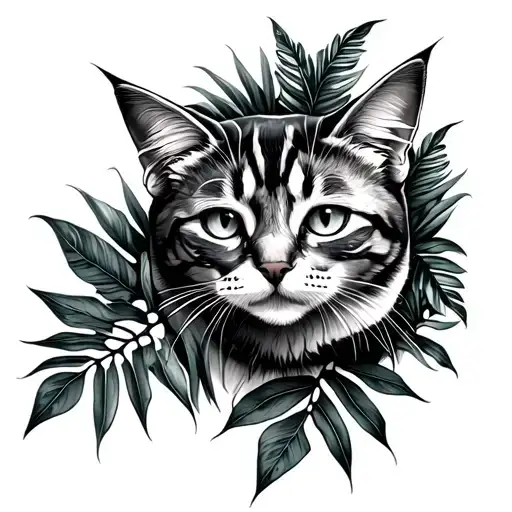 Cat in the Rainforest with jungle leaves tattoo design idea