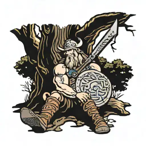 A Viking warrior taking a nap with his sword and shield at the foot of a Large tree with a thick trunk tattoo design idea