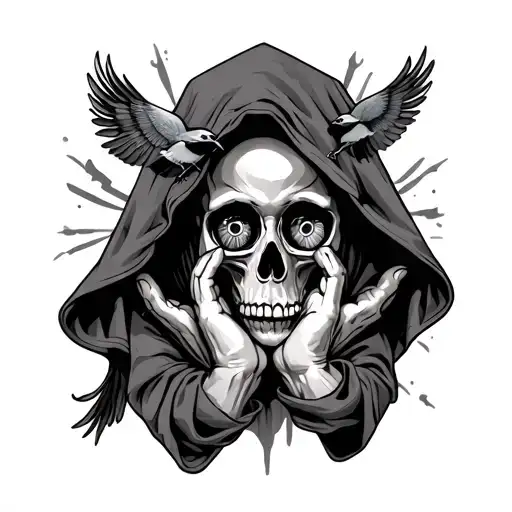 skull with hood with praying hands with an eyeball and birds tattoo design idea
