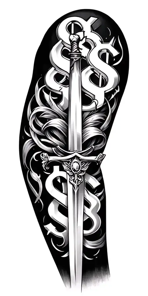 A bold, dynamic sleeve blending iconic gangster symbolism with your requested elements—hearts, dollar signs, and a sword tattoo design idea