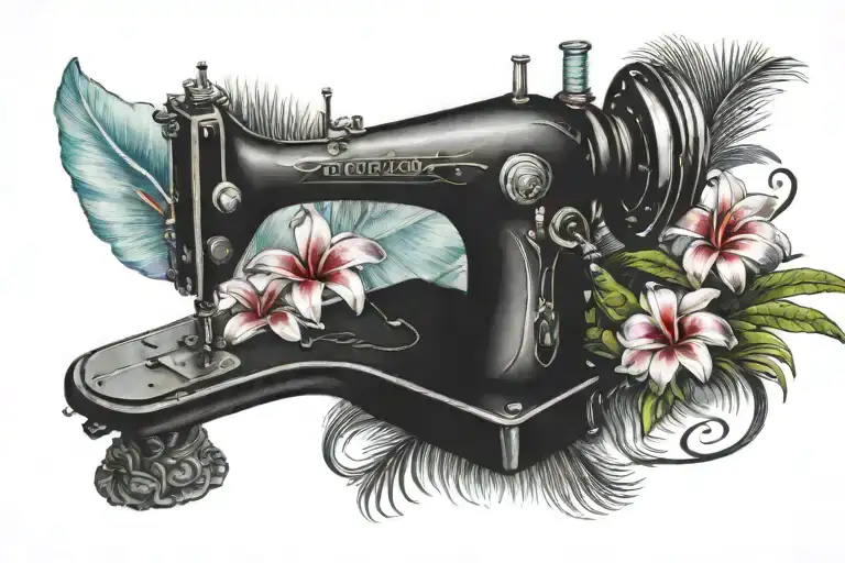 sewing machine palm tree wave rainbow plumeria hawaii tattoo design idea