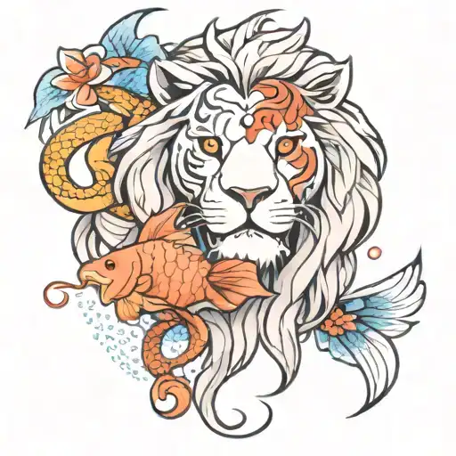 lion face with koi fish and scale balanced tattoo design idea