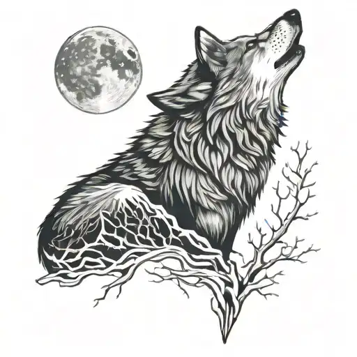 A wolf howling at a broken heart under a full moon tattoo design idea