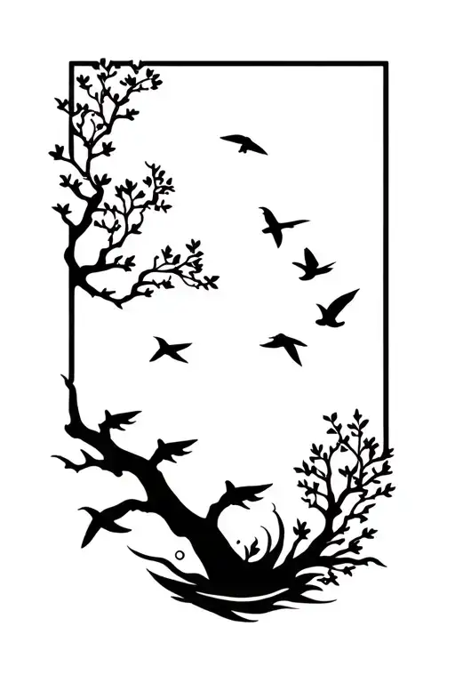 dugless fire tree fish in nature birds flying  tattoo design idea