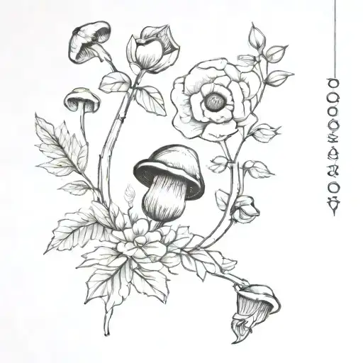 acorns and flowers and mushrooms tied tattoo design idea