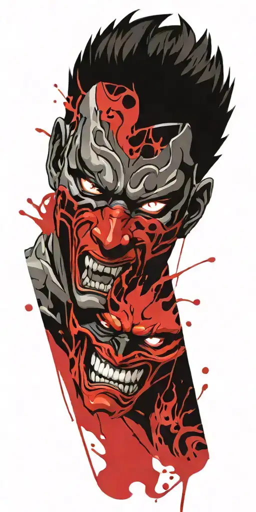 male anime character  oni mask fighting off inner demons with minimal black tattoo design idea