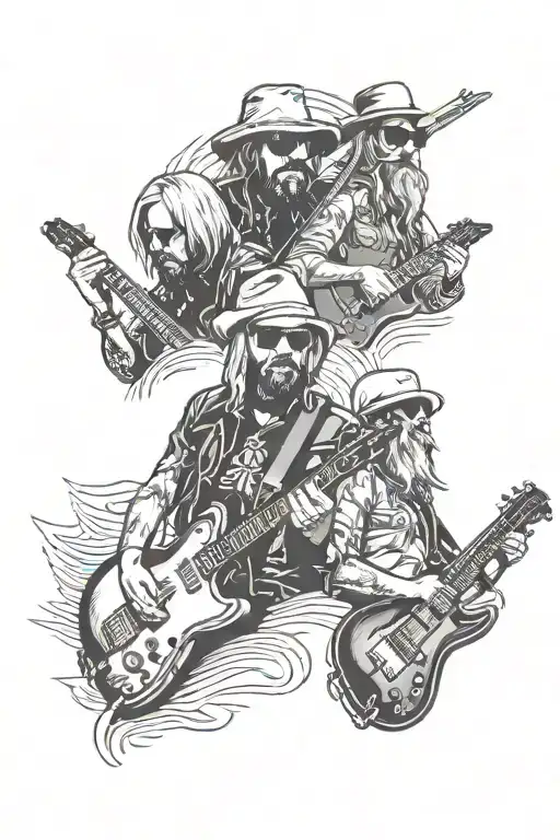 Design a tattoo featuring the silhouettes of Tom Petty, Foo Fighters, and ZZ Top members jamming together tattoo design idea