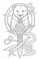 sword with triskel as hilt with vertex with earth element symbol, a bear head and a Snake head tattoo design idea