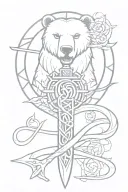 sword with triskel as hilt with vertex with earth element symbol, a bear head and a Snake head tattoo design idea