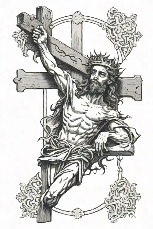 Jesus nailed to the cross wearing crown of thorns, doves, gates of heaven, bystanders watching jesus tattoo design idea