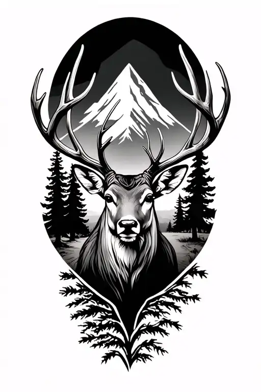woods trees mountain in background deer with antlers tattoo design idea