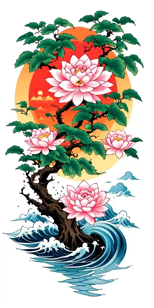 jaoanese pattern, tree, splash, water, waves, lotus, sakura, clouds, whirlpool, leaves, peony, sunset tattoo design idea