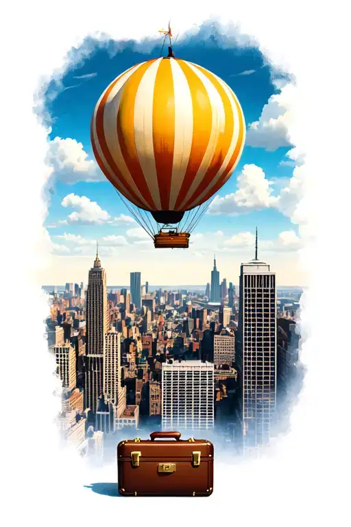 A realistic hot air balloon floating above a city skyline with a vintage suitcase at the bottom tattoo design idea