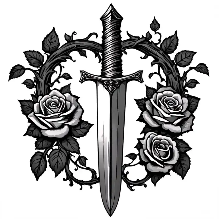 dagger with vines going down and roses growing from dagger to the sides horizontally, T shape tattoo design idea