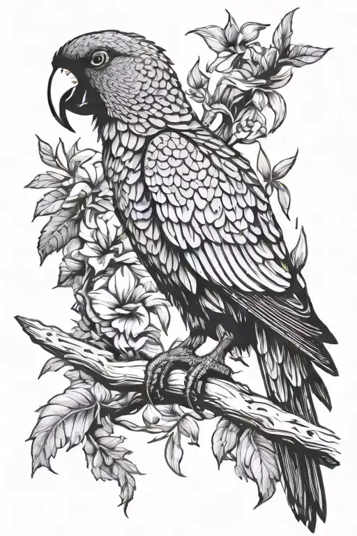 Eery mysterious parrot with mental issues and eating disorder attractive creepy nu metal tattoo design idea