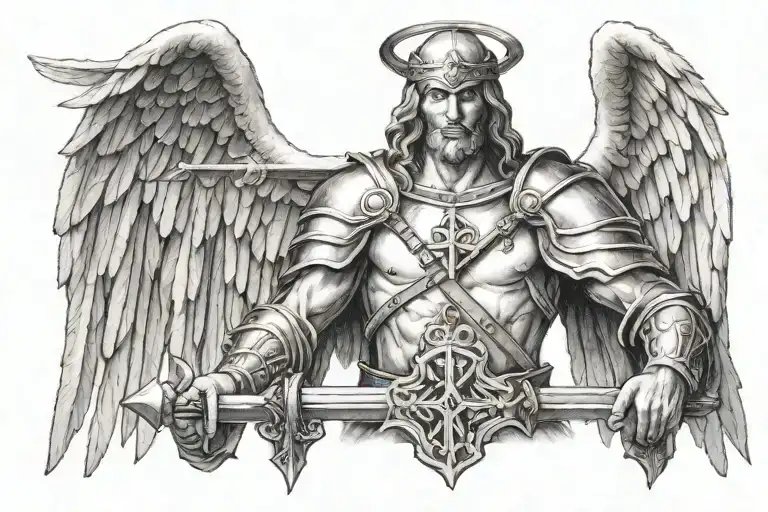 templar cross angel holding a sword tattoo design idea