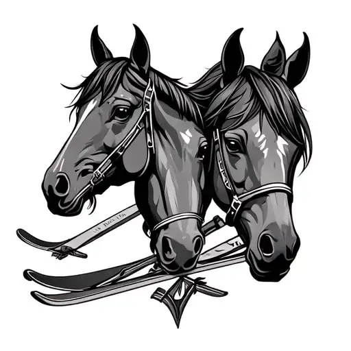 mountain range, skis crossed, Y, 3 horses head makings tattoo design idea