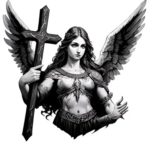 woman warrior angel holding a cross tattoo design idea