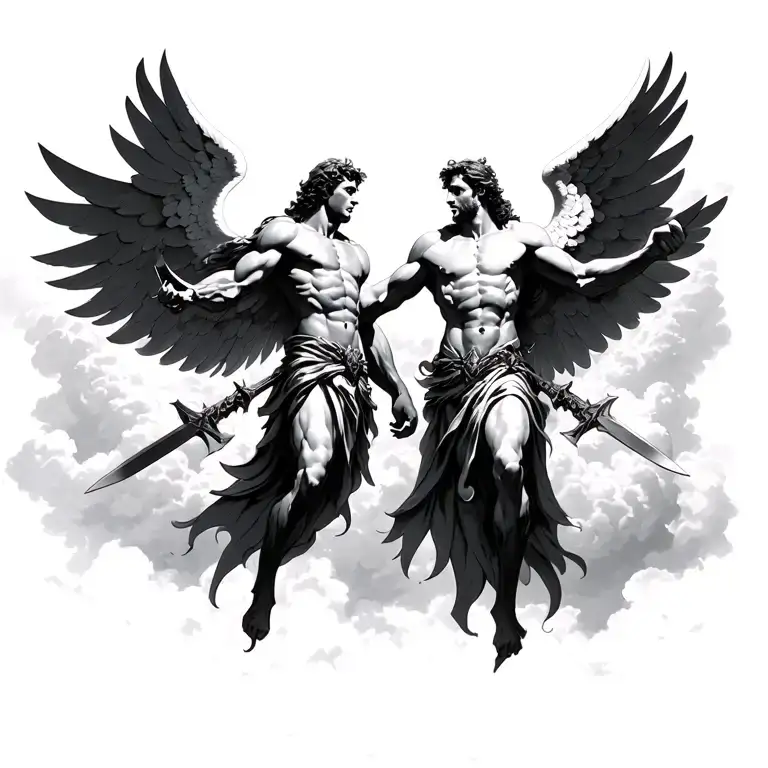 archangel Michael and Gabriel flying in in the clouds with their weapons in their hands  tattoo design idea