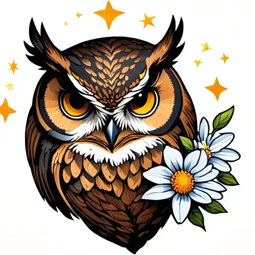 owl, oak tree, snowdrop flower, aster flower, three shooting stars tattoo design idea