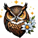 owl, oak tree, snowdrop flower, aster flower, three shooting stars tattoo design idea