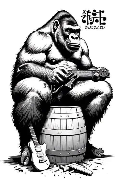 Gorilla sits atop a wooden barrel. He holds a game controller. A broken guitar is on the floor. Line art. Japanese tattoo design idea