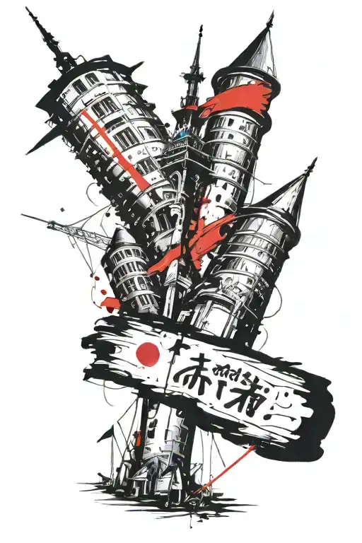 make me a tatto of 3 towers with pointy roofs, the middle tower has a diagonal flag pole on the roof that is a cigarette tattoo design idea